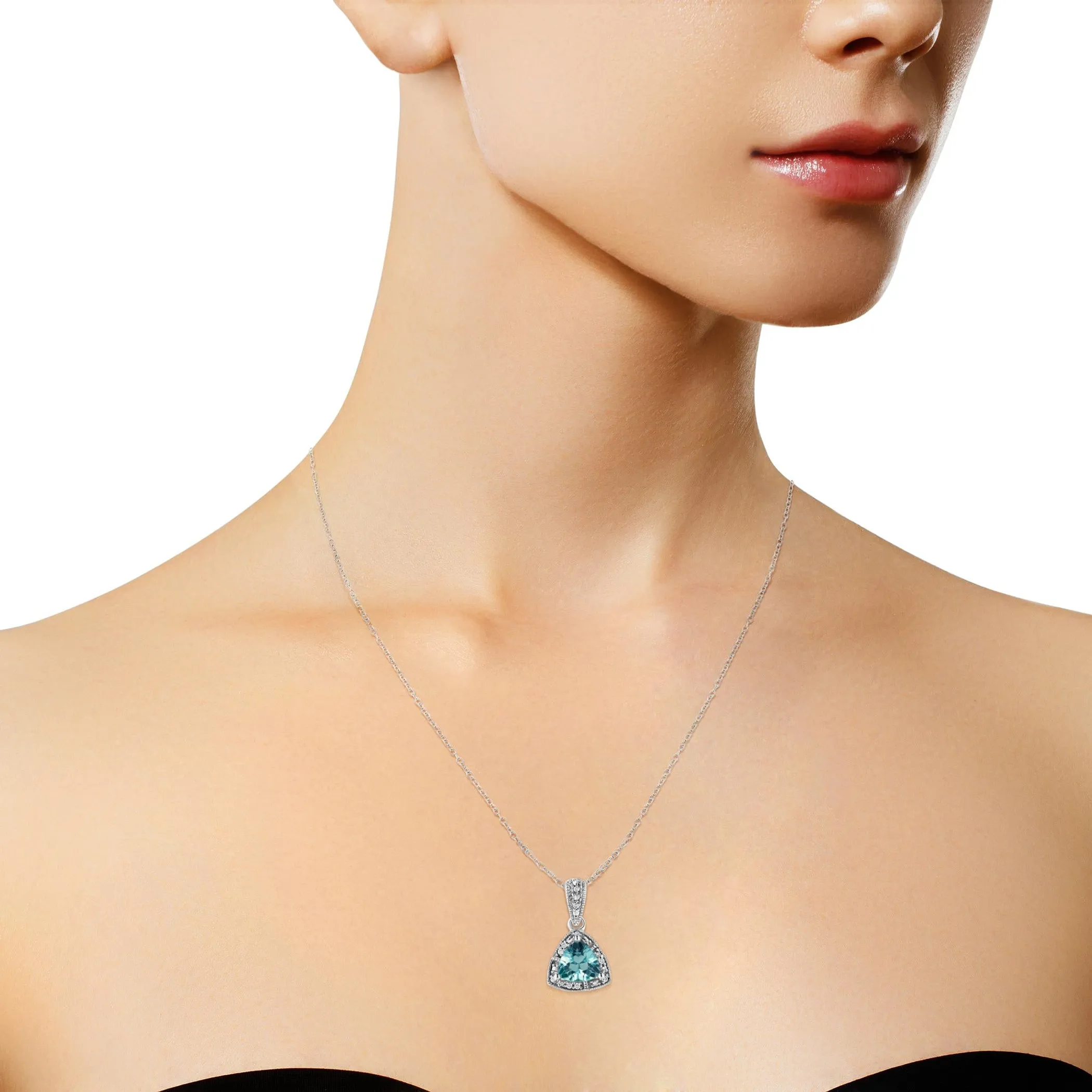 .925 Sterling Silver 7x7 mm Trillion Cut Blue Topaz Gemstone and Diamond Accent 18" Pendant Necklace (I-J Color, I1-I2 Clarity)