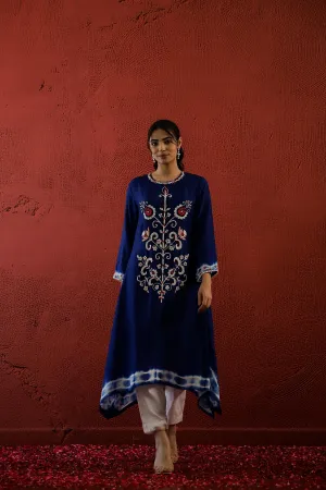 Deep Blue Embroidered Spanish Silk Kurta Set