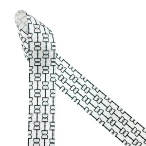 Equestrian Snaffle bit pattern ribbon in black printed on 1.5" white grosgrain,