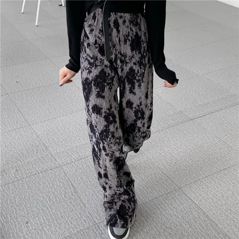 Gray Retro Aesthetic Printed Ribbed Loose Pants