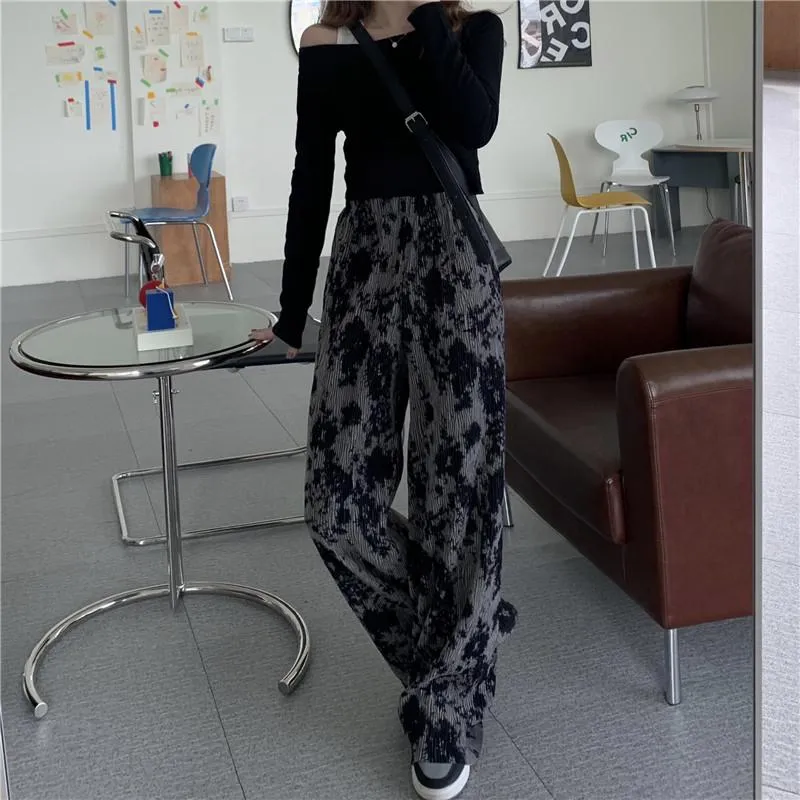 Gray Retro Aesthetic Printed Ribbed Loose Pants