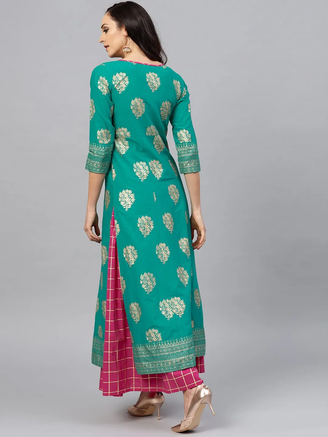 Green Floral Printed Kurta Set With Checked Magenta Skirt