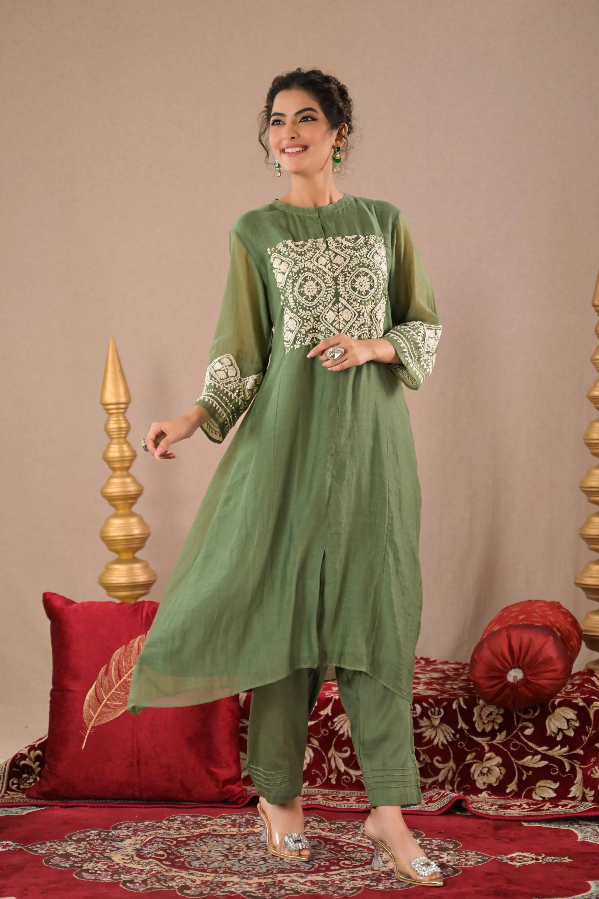 Light Green Embroidered Italian Tissue Silk Kurta Set