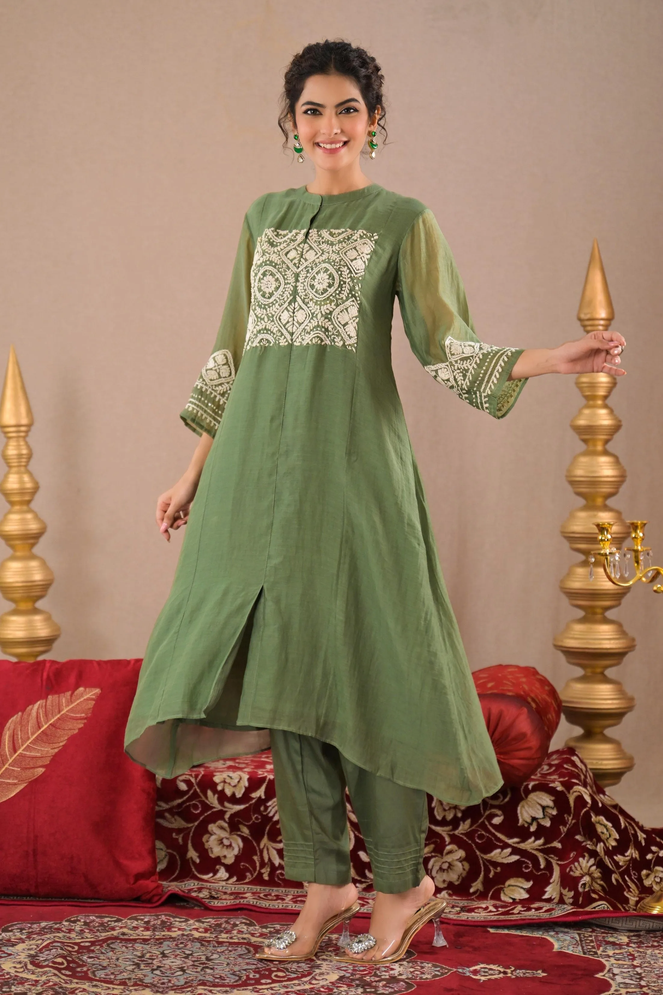 Light Green Embroidered Italian Tissue Silk Kurta Set