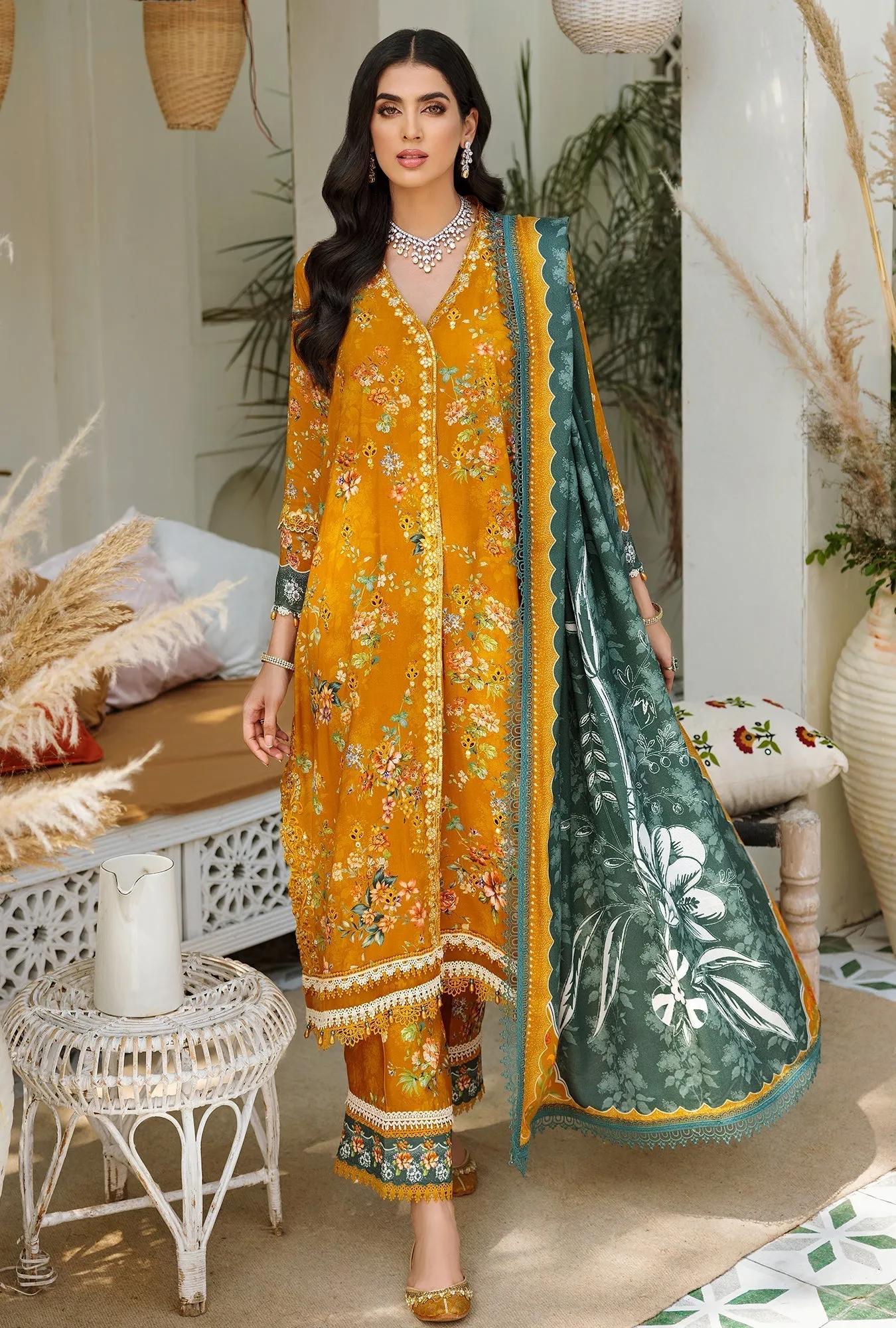 Noor by Saadia Asad Embroidered Prints Woolen Shawl Collection – D1-B-RUST-WOOD