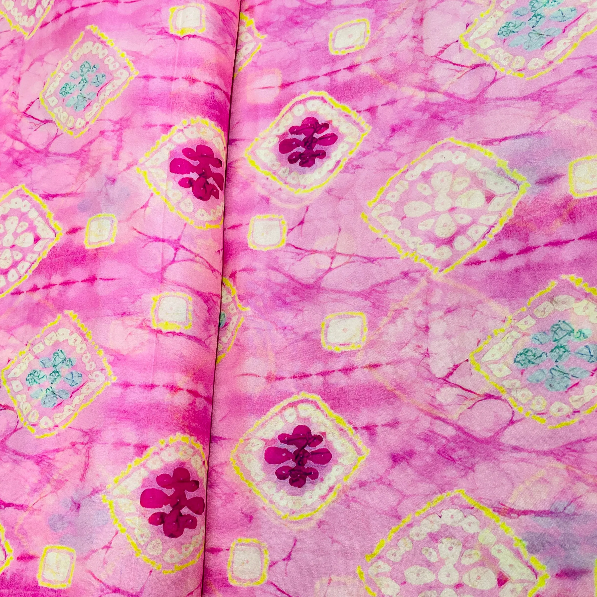 Pink & Multicolor Shibori Print Organza Fabric