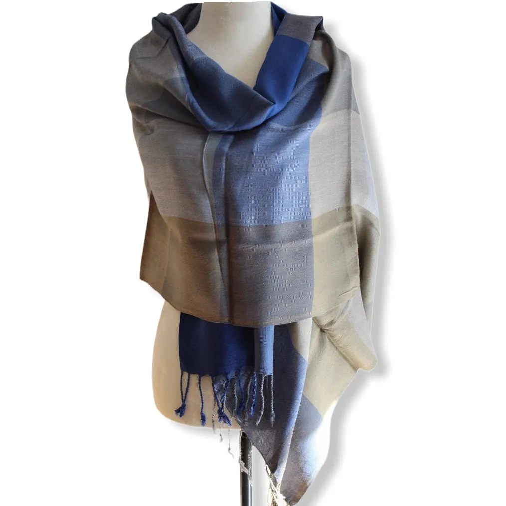 Plaid Handwoven Scarf - Blue & Beige