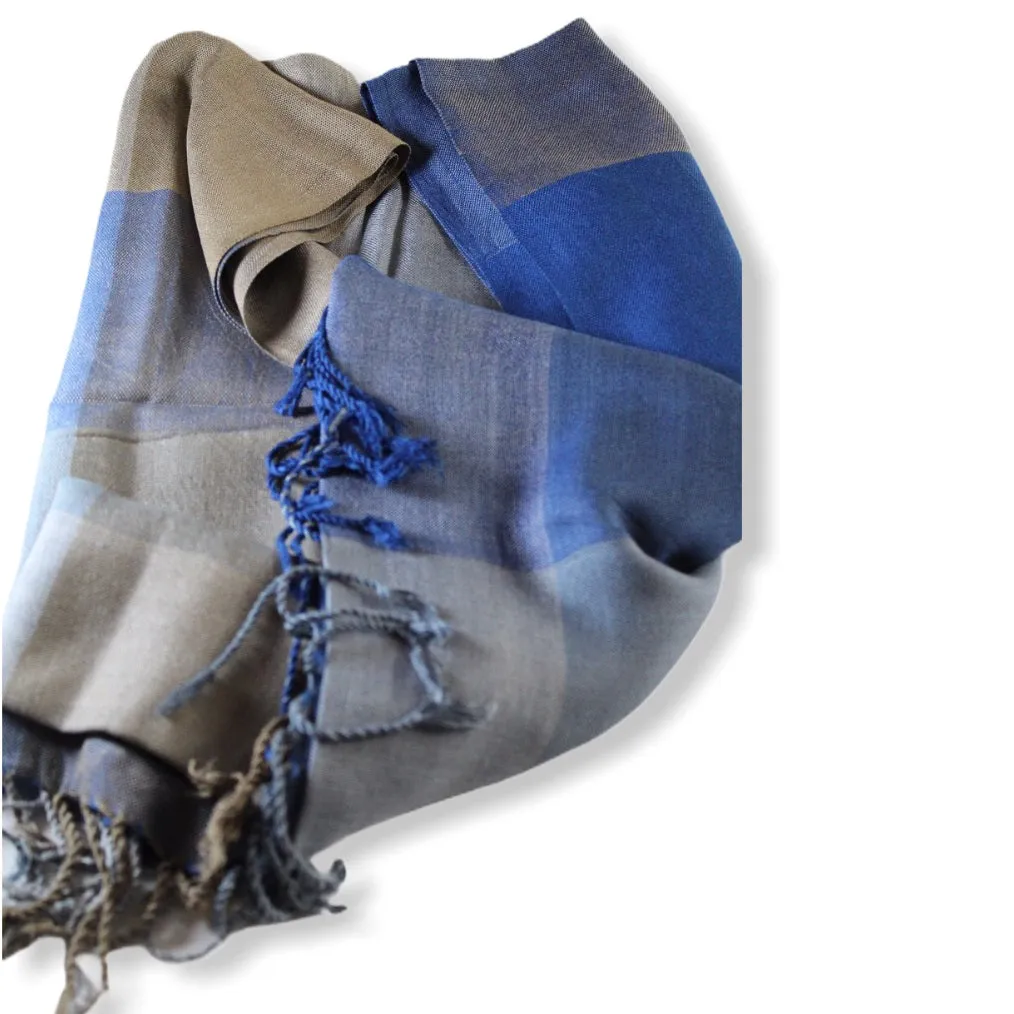 Plaid Handwoven Scarf - Blue & Beige