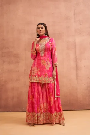 Ravishing Pink Hand Embroidered Georgette Silk Sharara Set