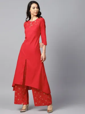 Red Yoke Printed 3/4Th Sleeve Cotton Kurta With Printed Ankle Length Palazzo