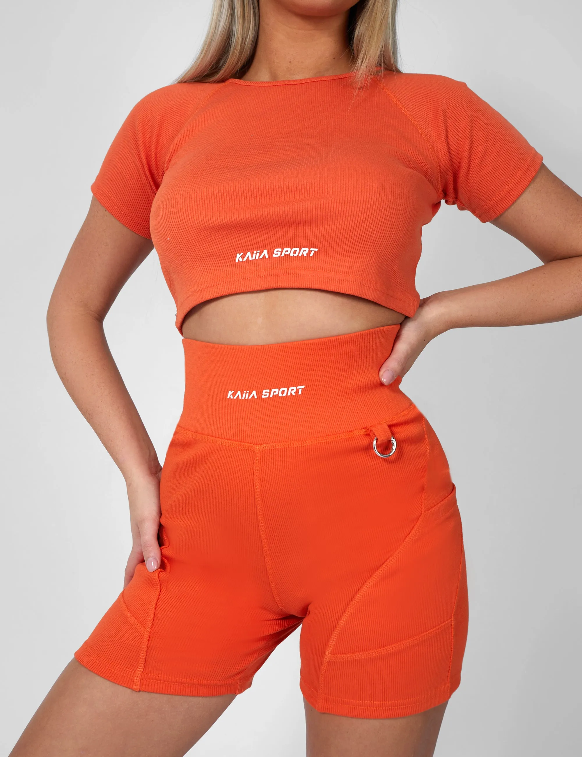 Ribbed Cropped Kaiia Sport T-Shirt Sunset Orange