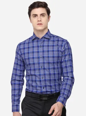 Royal Blue & White Checked Slim Fit Formal Shirt | JadeBlue