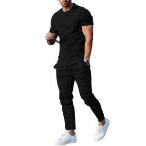 Solid Color Casual Round Neck Short Sleeves T-shirt Trousers Two-piece Set