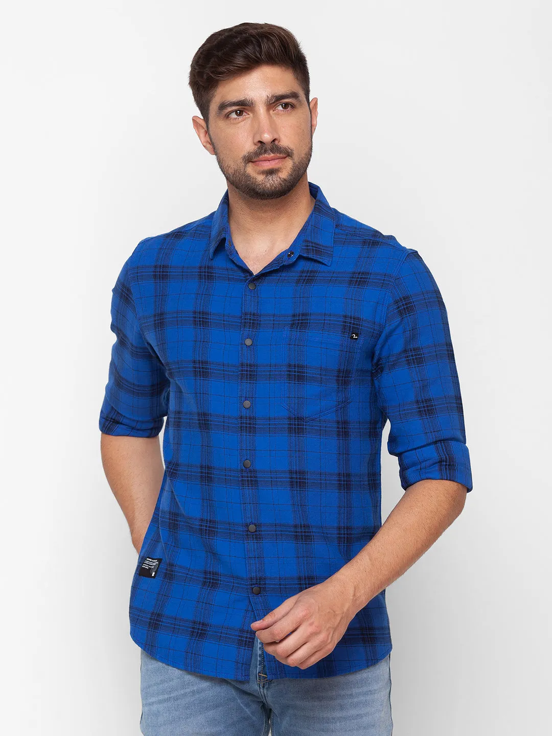 Spykar True Blue Cotton Full Sleeve Checks Shirt For Men