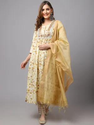 Women Brown Maple Leaf Kurta Set With Patra Embroidery