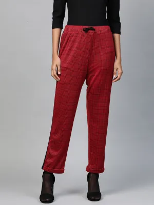 Women Red Check Side Tape Jacquard Pants