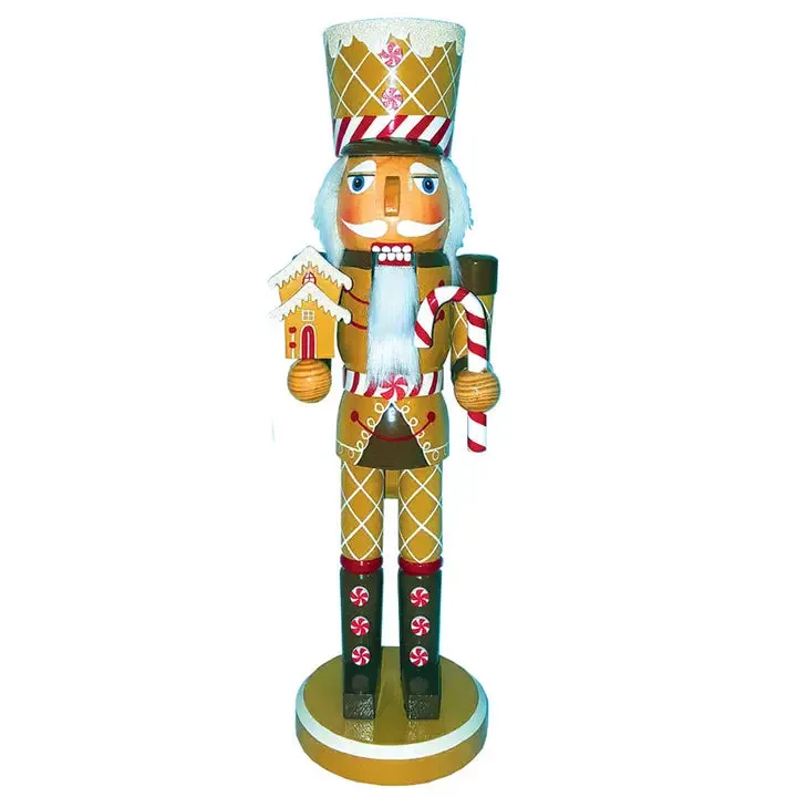 Wooden Gingerbread Soldier Nutcracker Holding Candy Cane & Gingerbread House